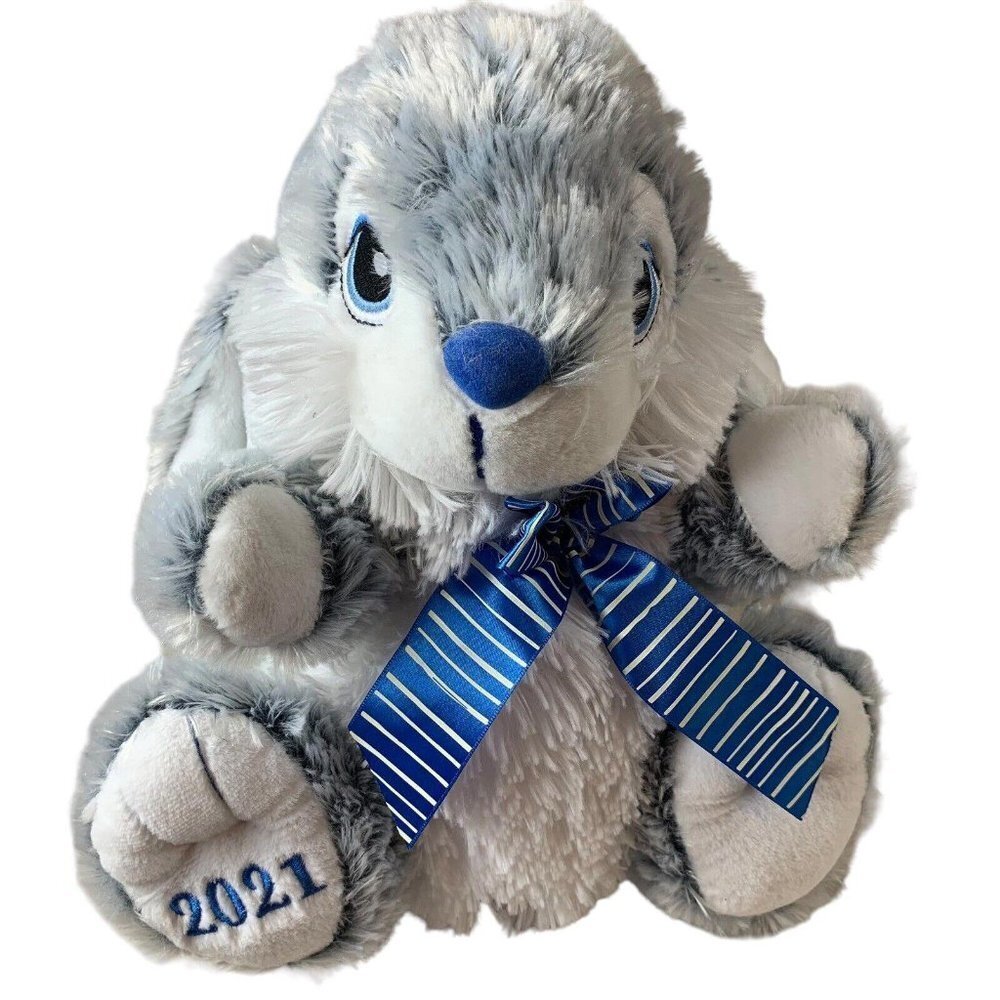2021 Blue Pinstripe Bow Gray White Plush Floppy Eared Rabbit Stuffed Toy​​​​​
